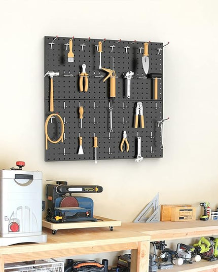 TORACK Metal Pegboard Wall Organizer 24" x 24" or 12" x 48", 70 PCS Tools Storage Pegboard for Garage Tool Organizer Peg Board with Pegboard Hooks for Workbench(Black)