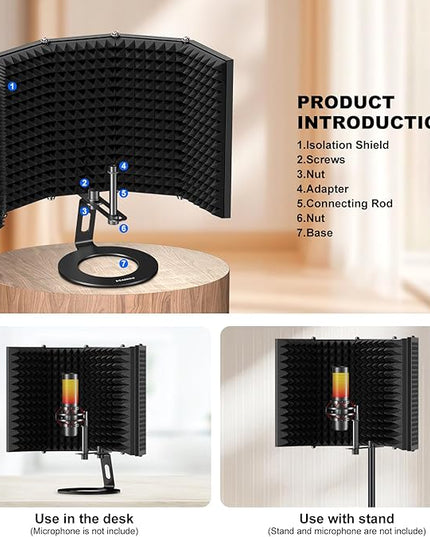 Aokeo Microphone Isolation Shield, Foldable Mic Shield with Triple Sound Insulation, Reflection Filter with 3/8" and 5/8" Mic Threaded Mount for Recording Studio, Podcasts, Singing, and Broadcasting