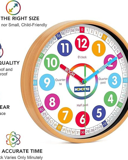 Kids Wall Clock for Bedroom, 10 Inch Round Multi-Colored Learning Clock, Children's Silent Analog Non-Ticking Educational Wall Clock for Boys and Girls Home Decor