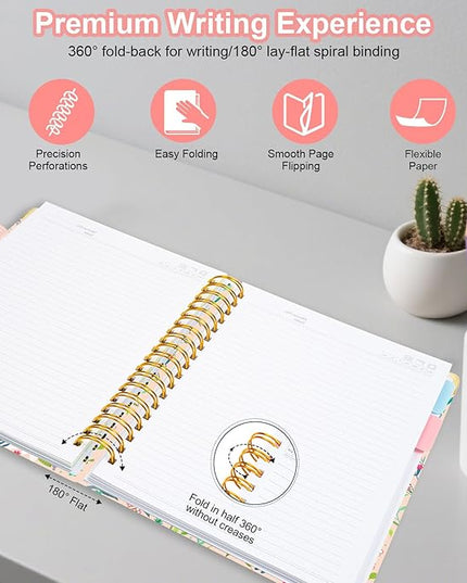 Spiral Journal Notebooks for Work, 300 Pages 5 Subject Notebook College Ruled with Dividers & Tabs, 8''x 10'' Large Notebook Journal for Women Students Note-Taking and Organizer (Beige Bloom)