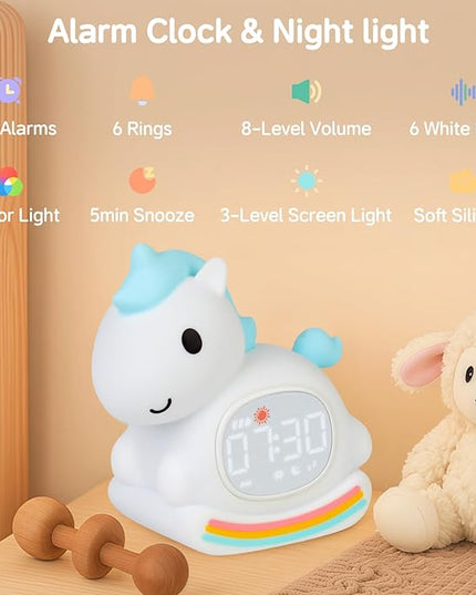 Alarm Clock for Kids with Night Light, Sleep Training Clock Time to Wake Clock, Rechargeable Silicone Light for Bedroom, Perfect Sleep Companion for Boys Girls, Blue Pony