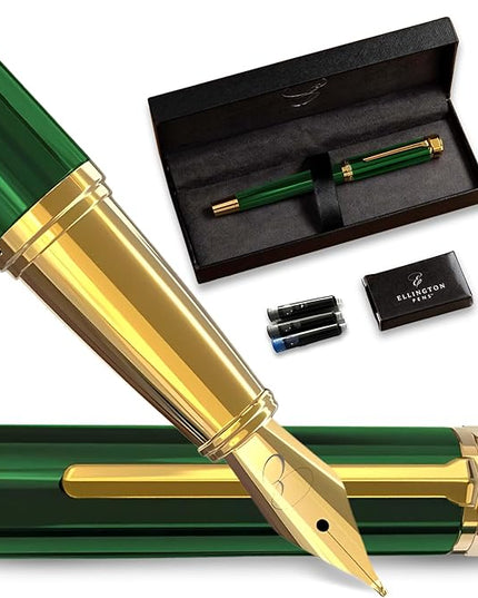 Ellington Pens Luxury Fountain Pen Set - Smooth Fine Nib - Includes 3 Ink Cartridges, Refillable Ink Converter, Box - Fountain Pens For Writing, Calligraphy, Journaling, Sketching (Emerald Enigma)