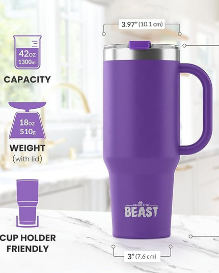 Beast 42 oz Tumbler with Handle Stainless Steel Vacuum Insulated Coffee Ice Cup Double Wall Travel Flask (Deep Purple)