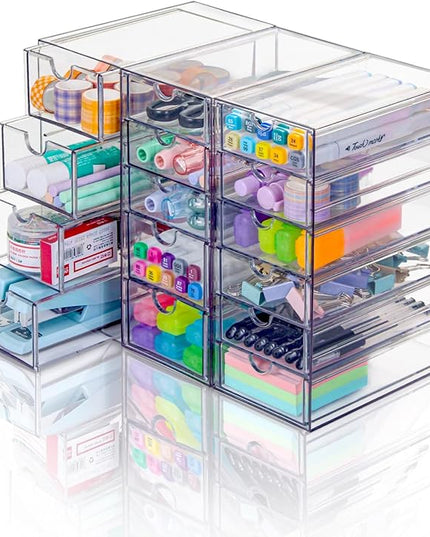 VZKAH Clear Acrylic Organizer with Drawers | 15-Drawer Desktop Unit | Makeup & Desk Organization and Storage Box for Office, Craft, Vanity Table, Bathroom, Home Essentials