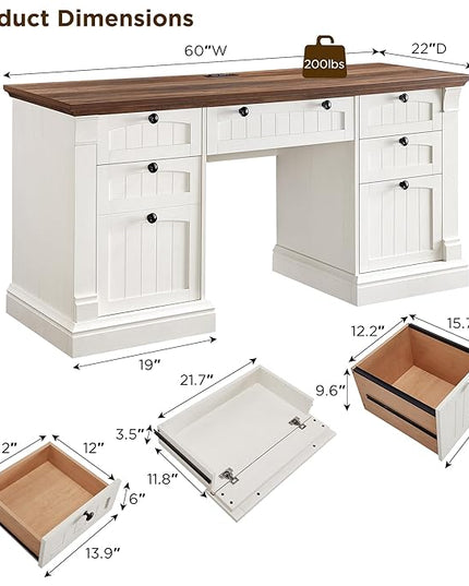 OKD 60" Executive Desk with Drawers, Farmhouse Home Office Desk with Charging Station, Keyboard Tray, File Cabinet Storage, Wood Computer Desk for Work and Study, Antique White