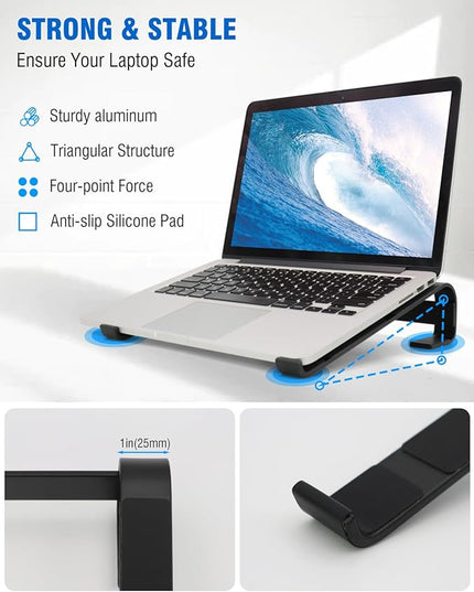 KYQEE Laptop Stand for Desk, Ergonomic Aluminum Laptop Riser, Ventilated Notebook Stand Compatible with MacBook Air Pro, Dell XPS, HP, More 11-17.3 Inches, Work from Home (Black)