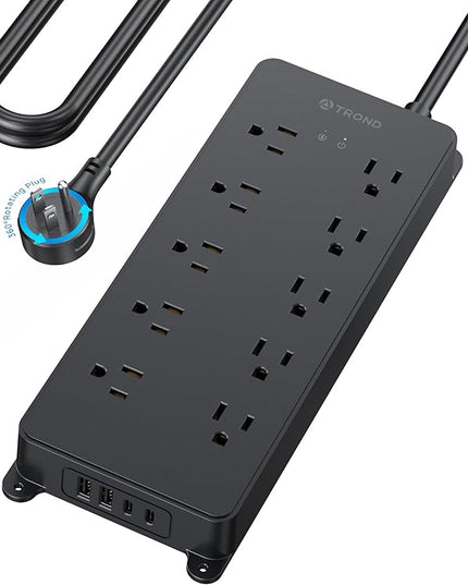 TROND Power Strip Surge Protector with 360° Rotating Flat Plug, 15ft Long Extension Cord, 4000J, ETL Listed, 10 Widely Spaced Outlets, 2 USB A and 2 USB C, Wall Mountable, for Home Office, Black