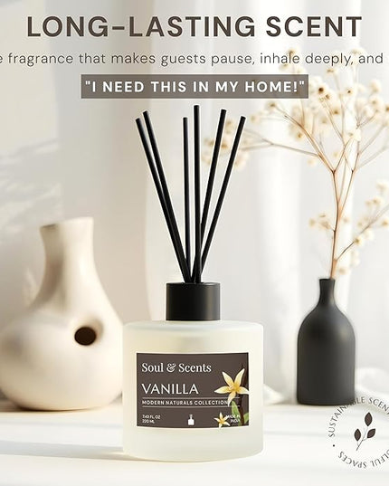 Soul & Scents Reed Diffuser Set – Vanilla | 7.43 oz Refillable Scented Oil with 6 Fiber Sticks | Long-Lasting Home Fragrance & Air Freshener for Bedroom, Bathroom, Office | Gift & Décor Piece