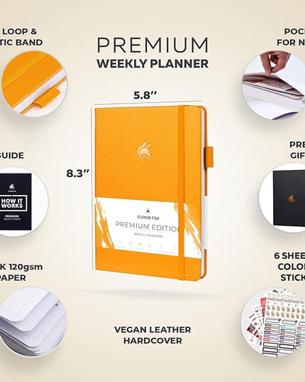 Clever Fox Planner Premium Edition – Undated Luxurious Weekly & Monthly Planner to Increase Productivity and Hit Your Goals – Organizer – Start Anytime, A5, Lasts 1 Year, Amber Yellow (Weekly)
