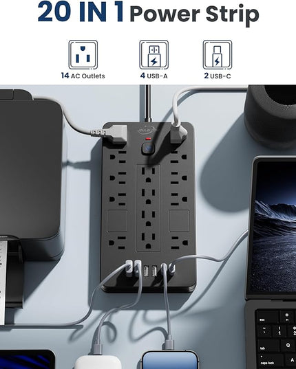 Surge Protector Power Strip-14 Outlets and 6 USB Ports, 6 Feet Flat Plug Extension Cord, 1850 Joules, Black, ETL Listed for Home, Office, Dorm Room