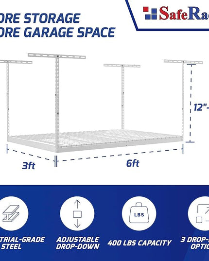 SafeRacks Overhead Garage Storage Rack - Heavy Duty Racks for Garage with 400 lb Capacity, Easy Garage Shelving, Adjustable Storage Rack, Ceiling Mount Storage Shelves 3x6 White (12"-21")