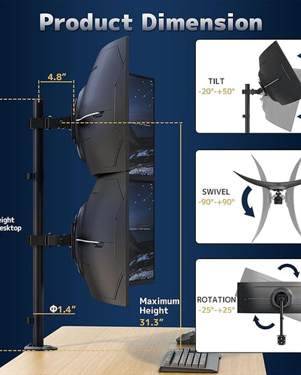 Heavy Duty Dual Monitor-Arm for 17-49'' - Double Vertically Stacked Monitor Mount, Extra Tall Ultrawide Desk Stand Holds up to 44 lbs per Screen, Vesa 75/100, Black