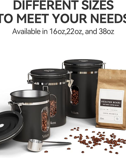 Veken Coffee Canister with Window, Airtight Stainless Steel Kitchen Food Storage Container with Lids, Date Tracker and Scoop for Grounds Coffee, Beans, Tea, Flour, Cereal, Sugar Jars, 16OZ, Black