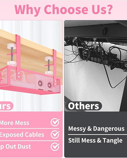 Under Desk Cable Management Tray Black, No Drill Desk Cable Wire Management Organizer with Clamp, PC Cord Organizer Accessories & Workspace for Office, Home（Pink）