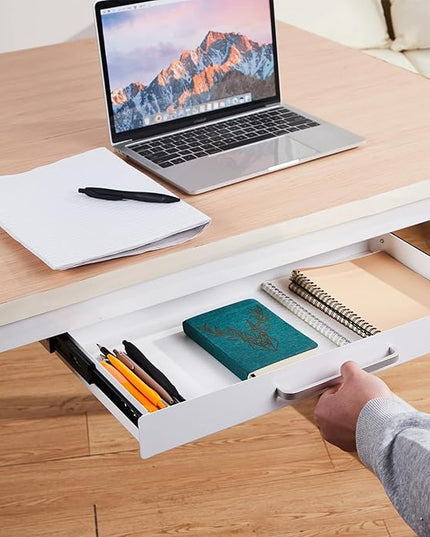OSteed Under Desk Drawer Organizer 21" White Upgrade with Adjustable Brackets, Sliding Pull-Out Under Table Pencil Drawer, Office Standing Desk Attachment for Workbench