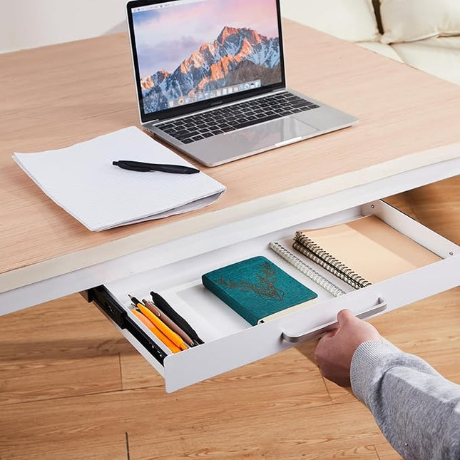 OSteed Under Desk Drawer Organizer 21" White Upgrade with Adjustable Brackets, Sliding Pull-Out Under Table Pencil Drawer, Office Standing Desk Attachment for Workbench