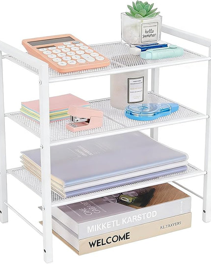 Desktop Shelf Organizer, 3-Tier Office Storage Rack, Adjustable Metal Bookshelf for Top of Desk, White Desk Organizer for Office, Home, Dorm and Small Spaces (White)