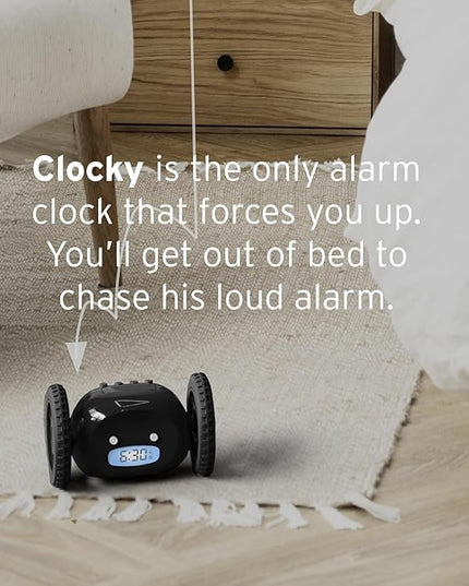 CLOCKY Extra Loud Alarm Clock for Heavy Sleepers on Wheels Rolls Runaway Vibrating Easy To Set Super Smart Snooze Digital Bed Shaker Alarm Clock Funny Gift for Adults Kids Teens Bedroom (Black Wheels)