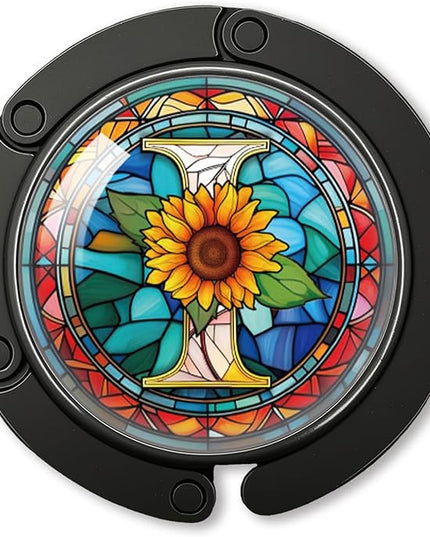 YAZMEEN Stained Glass Initial Foldable Purse Hook for Table, Stained Glass Letter I, Women's Handbag Hanger Holder, Portable Purse Table Hanger, Funny Desk Hook Gifts for Mom Wife Sister Friend BFF