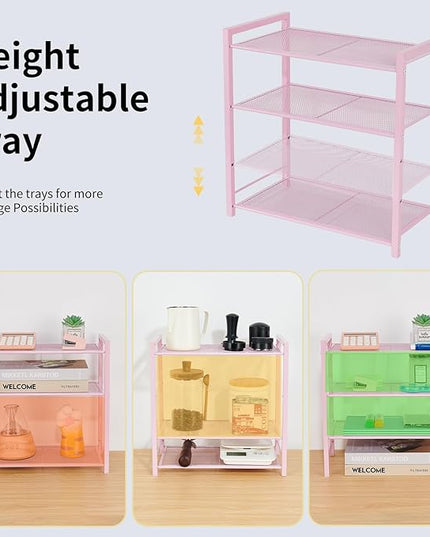 Desktop Shelf Organizer, 3-Tier Office Storage Rack, Adjustable Metal Bookshelf for Top of Desk, Pink Desk Organizer for Office, Home, Dorm and Small Spaces (Pink)