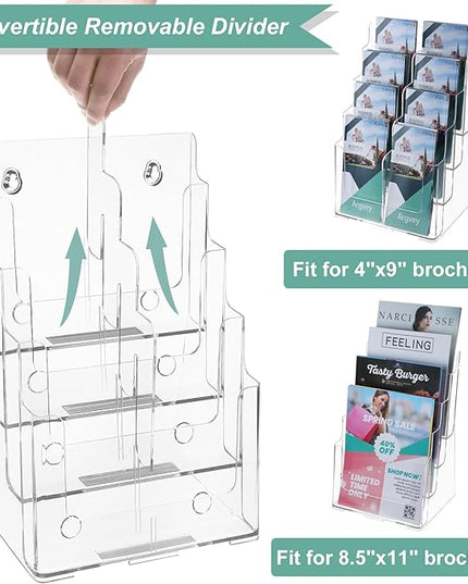 Argvey Acrylic Brochure Holder 8.5 x 11 inches, 4 Tier Clear Brochure Display Stand with Removable Divider for Trifold 4 Inches Wide Pamphlet, Plastic Flyer Holder for Magazine, Literature, Booklet