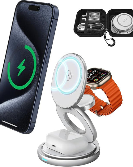 3 in 1 Charging Station for Apple Magsafe Travel Charger for Multiple Devices Aluminum Foldable Magnetic Wireless Charger with 360 Rotating for iPhone 17/16/15/14/13/12 Series,for iWatch,for Airpods