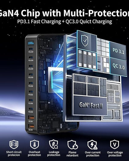 1000W 10-Port GaN 4 Desktop Charging Station with 240W 6.6 ft Data Cable - Compatible with Tablets, Phones, Laptops, Gaming Consoles, Headphones