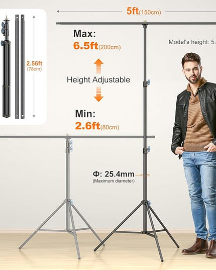 LINCO Lincostore Zenith Portable T-Shape Background Backdrop Stand Kit 5x6.7ft - 5ft Wide (Fixed) and 6.7ft High (Adjustable)- Lightweight Only 4 Lbs Easy to Carry and Storage Black