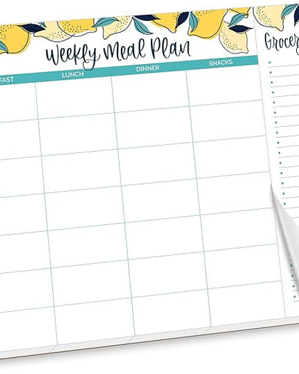 bloom daily planners Horizontal Weekly Magnetic Meal Planning Pad for Fridge with Tear-Off Grocery Shopping List - Hanging Food/Menu Organizer Notepad with Magnets - 8.5” x 11” - Lemons