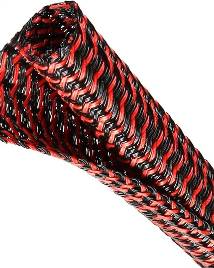 Split Wire Loom Tubing, Cable Protector Sleeve, Braided Cable Management for TV/Computer/Home Theater/Engine Bay, Cord Protectors from Pets No Chew (Red and Black, 1"-25ft)