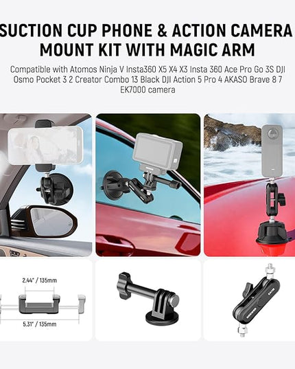 NEEWER Suction Cup Phone Holder & Camera Mount Compatible With GoPro DJI Insta360 iPhone, Car Phone Mount with Action Camera Adapter 360° Magic Arm for POV Windshield Glass Vlog Video Recording, CA158