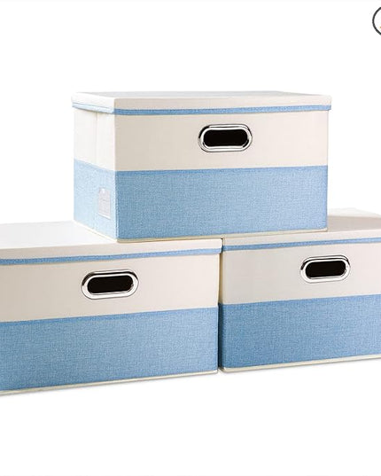 PRANDOM Large Foldable Storage Boxes with Lids [3-Pack] Fabric Collapsible Storage Bins Organizer Containers Baskets Cube with Cover for Home Bedroom Closet Office Nursery Blue&Cream(17.7x11.8x11.8)
