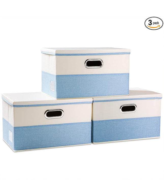 PRANDOM Large Foldable Storage Boxes with Lids [3-Pack] Fabric Collapsible Storage Bins Organizer Containers Baskets Cube with Cover for Home Bedroom Closet Office Nursery Blue&Cream(17.7x11.8x11.8)