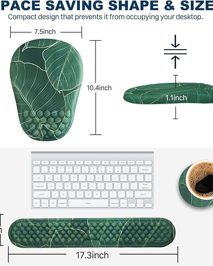 Ergonomic Mouse Pad and Keyboard Wrist Rest with Massage Design, Space-Saving Mouse Pad Wrist Support, Memory Foam Wrist Rest with Non-Slip PU Base for Computer Desk, Green Leaves