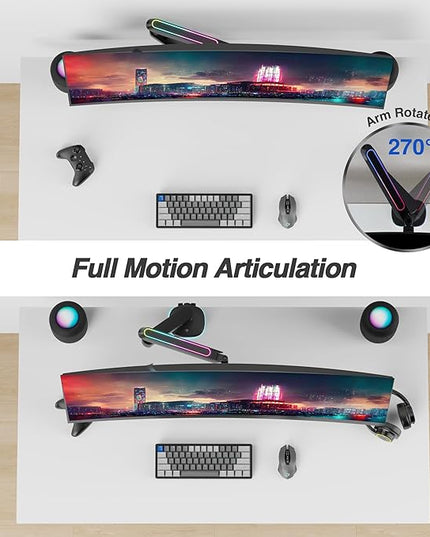 AVLT Single 27”-45” RGB Gaming Monitor Arm Desk Mount Built-in 20 Lighting Modes Touch Button Control Fits Flat/Curved/Ultrawide Screen Height Swivel Tilt Rotation Adjustable Stand -Black