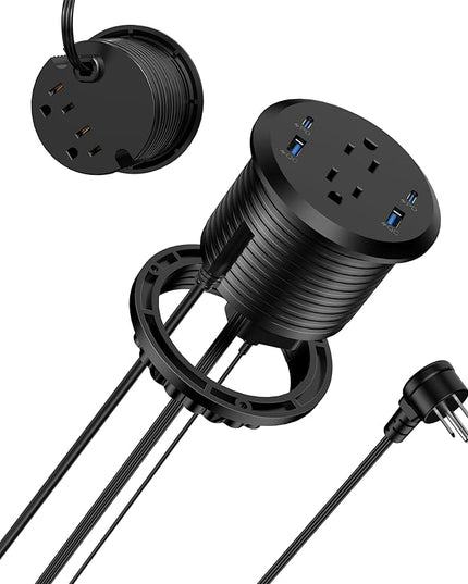 Jgstkcity Power Strip,Flush Mount Recessed Power Grommet,65W USB C Fast Charging,3-Inch Hole, 4 Outlets & 4 Ports, Ideal for Desktop & Countertop Outlet,Dual-Sided (Black, 10FT)