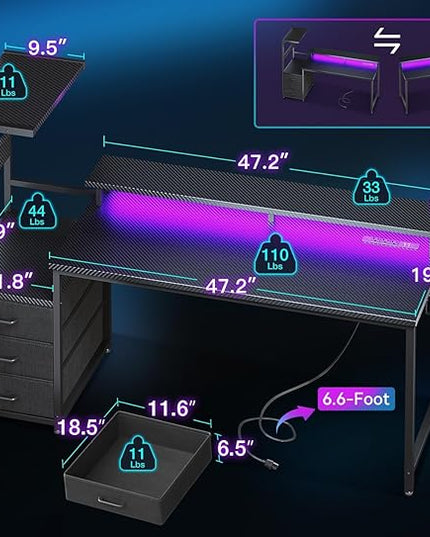 AODK 59 Inch Gaming Desk with USB Charging Ports & LED Light- Reversible Computer Desk with Storage Shelves & Monitor Stand, Modern Gamer Desk Table with Fabric Drawers & Side Hook, Carbon Fiber Black