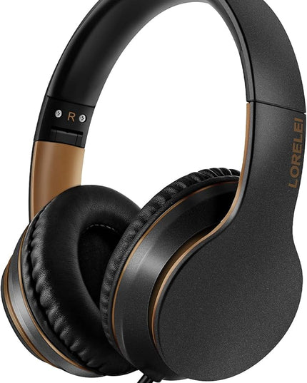LORELEI X6 Over-Ear Headphones With Microphone, Lightweight Foldable & Portable Stereo Bass With 1.45M No-Tangle Wired for Smartphone Tablet MP3/4 (Black-Gold)