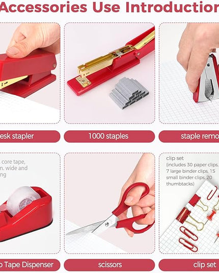 SKYDUE Red Office Supplies Set, Desk Accessories, Stapler, Tape Dispenser, Scissors, Binder/Paper Clips and 1000pcs Staples, Office Decor for Women