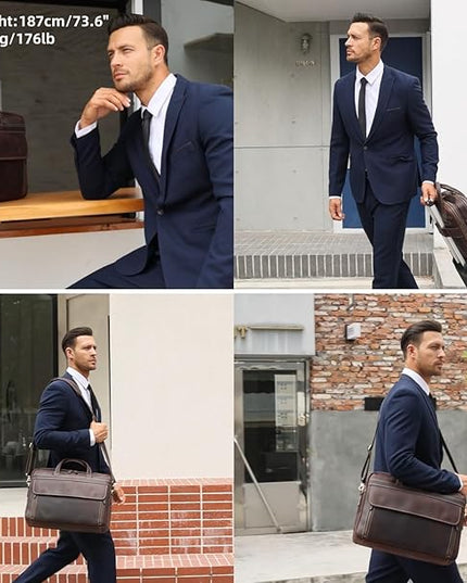 Masa Kawa Leather Briefcase for Men 15.6", 17" Laptop Computer Case Business Travel Work Messenger Cross Body Shoulder Bag