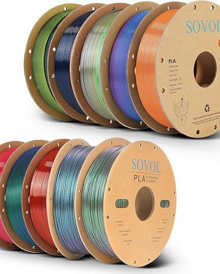 Sovol Silk PLA Filament 10KG Kit, Silk Tri Color & Dual Color Co-Extrusion PLA, Shiny Multicolored Fast Change Rainbow 3D Printer Filament, Glitter PLA Materials 1.75mm 1kg/ 2.2lbs +/-0.03mm