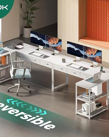 AODK 61 Inch L Shaped Computer Desk with Drawers, Corner Desk with Power Outlets & Reversible Storage Shelves, for Home Office Gaming, White