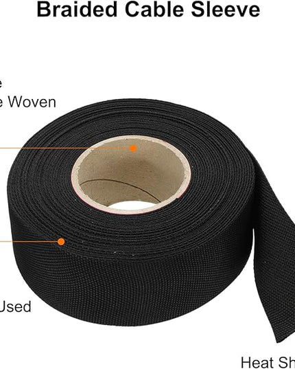 MECCANIXITY Braided Cable Sleeves Heat Shrinkable Fabric Sleeving, 1 1/4" 33ft Black 2:1 Ratio Heat Shrinkable Cord Protector for Harness Cable, Network Cable Protection, Cable Management