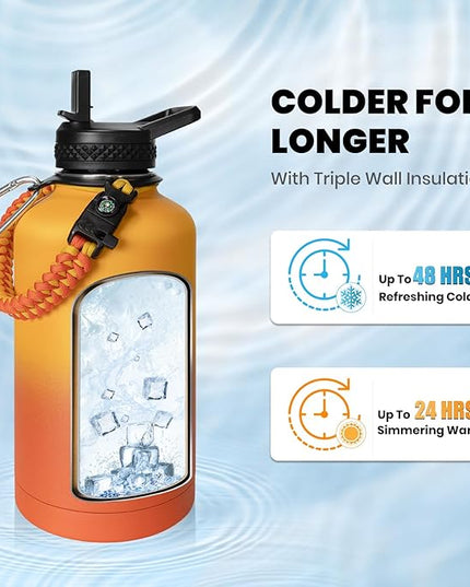 One Gallon Water Bottle Insulated, Triple Walled Vacuum Stainless Steel (Cold for 48 Hrs), Leak Proof & Non-BPA, Large Water Flask Jug with Paracord Handle & Straw Spout Lids