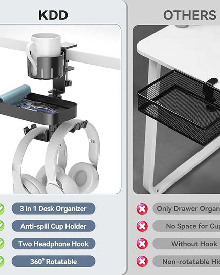 KDD Desk Cup Holder with 2 Headphone Hook - Rotating Pencil Holder & Detachable Drawer Tray - Clamp on Under Desk Headphone Holder Hidden Storage for Office School Home Accessories