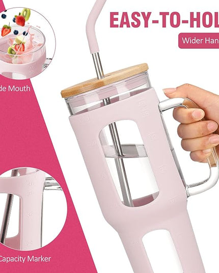 Glass Tumbler with Lid and Straw, 46 oz Iced Coffee Cup with Handle, Large Water Bottles with Silicone Sleeve, Glass Cup with Straws - Pearl Straw & Drinking Straw BPA Free-CottonPink