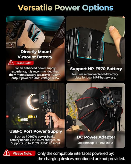 SmallRig RC 100B COB Video Light with Handle, 100W Bi-Color 2700K-6500K, Type-C Fast Charging, Built-in Battery Plate, App Control for Photography, Photo Studio, Mobile Version (Without Battery) 4894