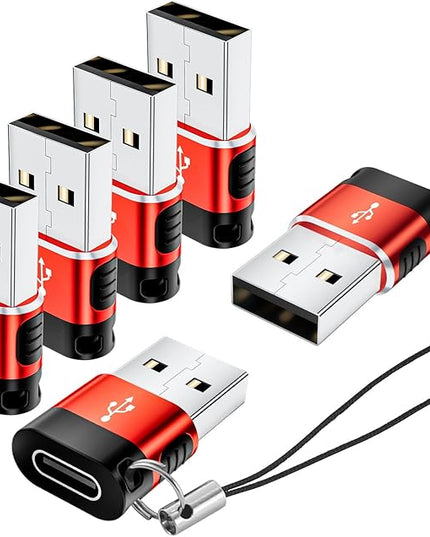 USB to USB C Adapter 6 Pack,USB Type C Adapter,USB A to C Adaptor,USBC Female USBA Male Converter for iPhone 16 15 14 13,MacBook,iPad,Car Play,Charger,Red