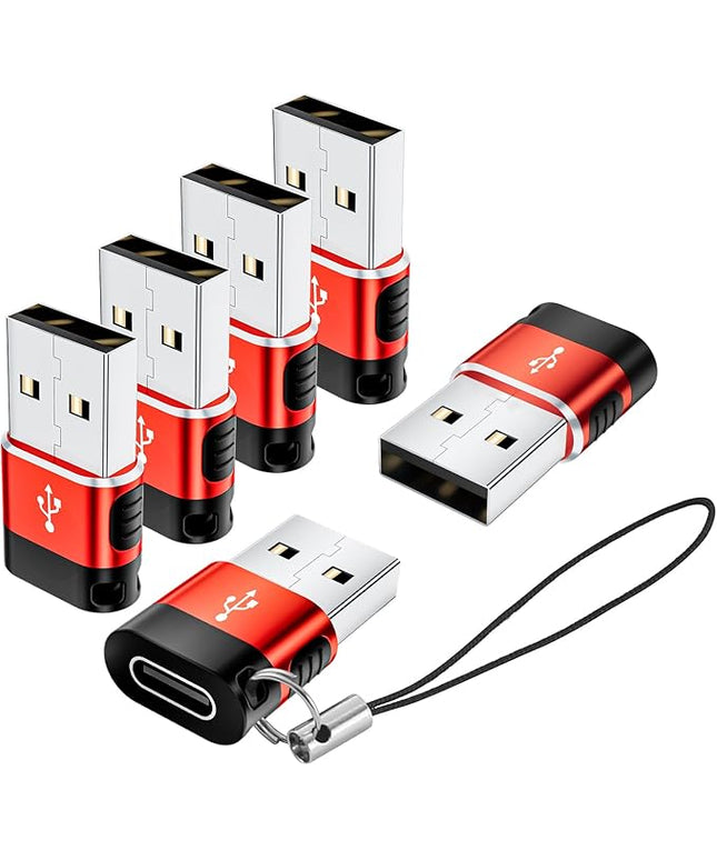 USB to USB C Adapter 6 Pack,USB Type C Adapter,USB A to C Adaptor,USBC Female USBA Male Converter for iPhone 16 15 14 13,MacBook,iPad,Car Play,Charger,Red