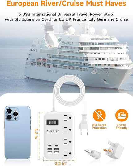 European Travel Plug Adapter, US to Europe Travel Power Strip with 6 USB(2 USB C) 4 Outlets, International Universal Travel Power Adapter with 3ft Extension Cord for EU UK France Italy Germany Cruise